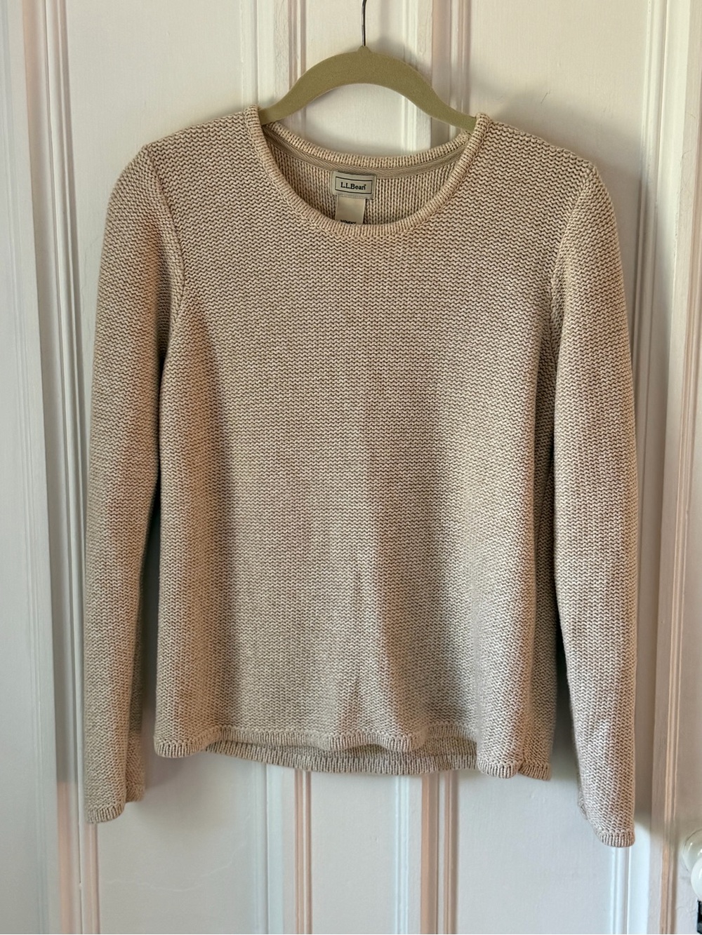 Women’s LL Bean Textured Crew Neck Cotton Sweater Oatmeal Size Small